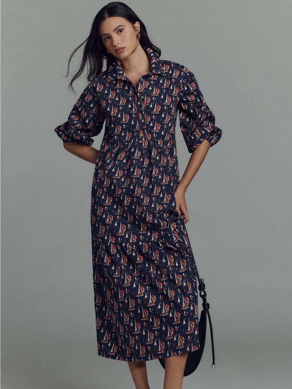 Anthropologie Maeve Bettina Navy Sailboat  Shirt Dress with Red Accents Size XL